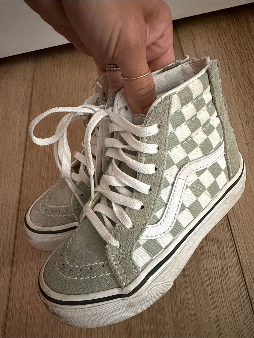 Vans Kids High Top Checkerboard Sneakers in Sage and White